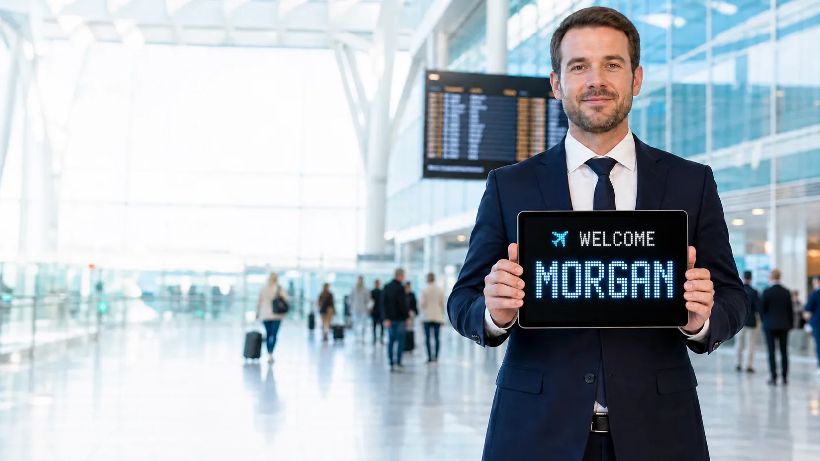 Professional airport driver holding an LED passenger name board for Morgan