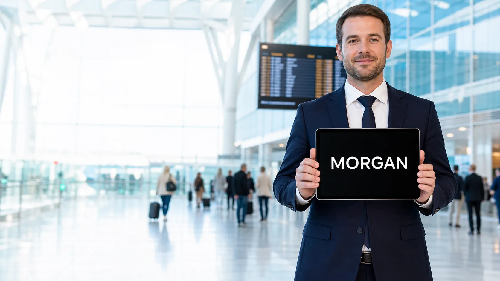 Professional airport driver holding a tablet pickup sign that says Morgan