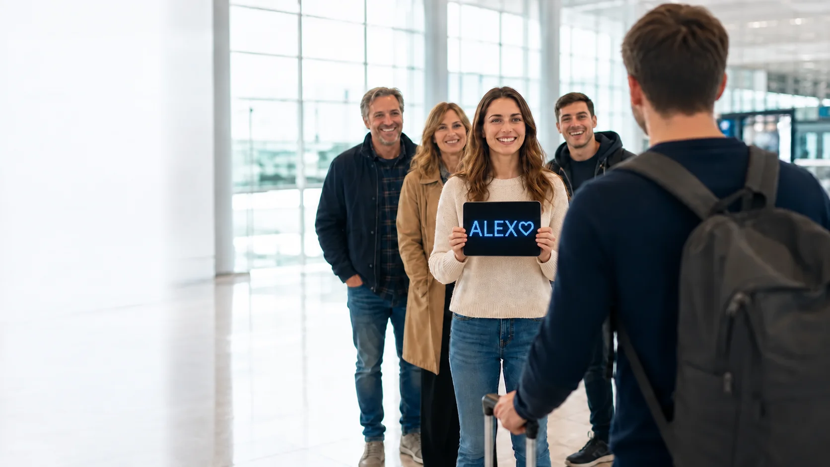 Woman welcoming her partner at airport arrivals with an LED sign that says Alex