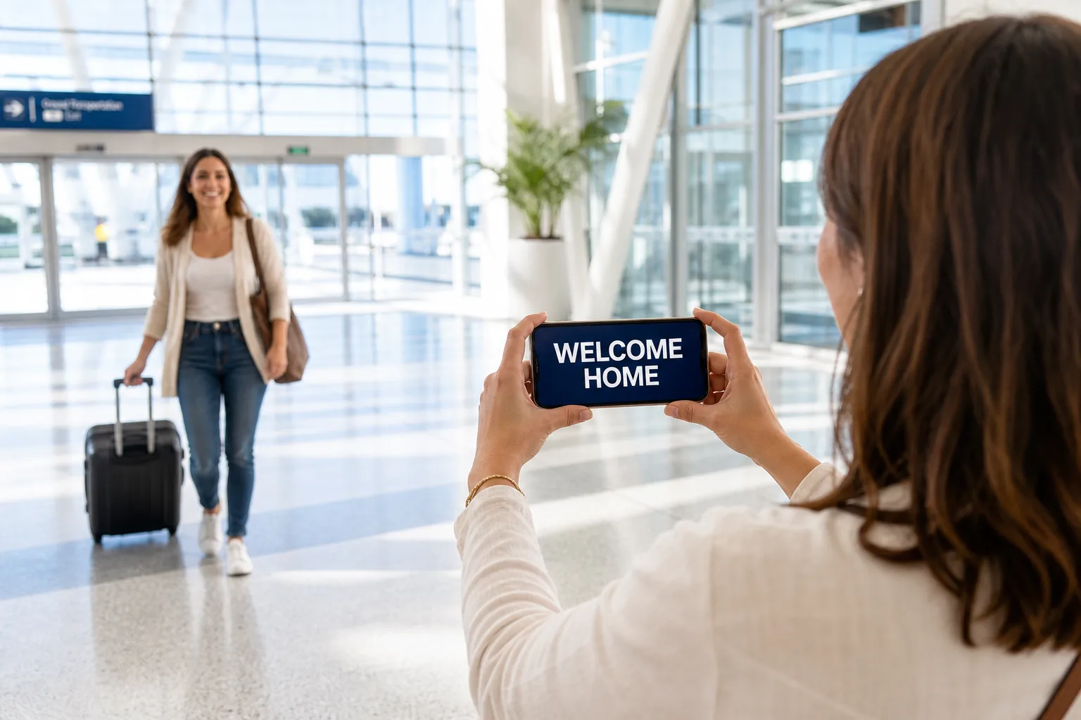 Woman holding an iPhone airport welcome sign as a traveler approaches