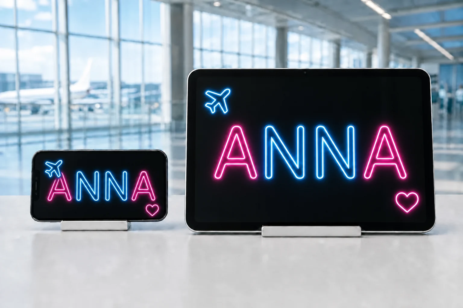 iPhone and iPad side by side showing the same neon ANNA airport pickup sign