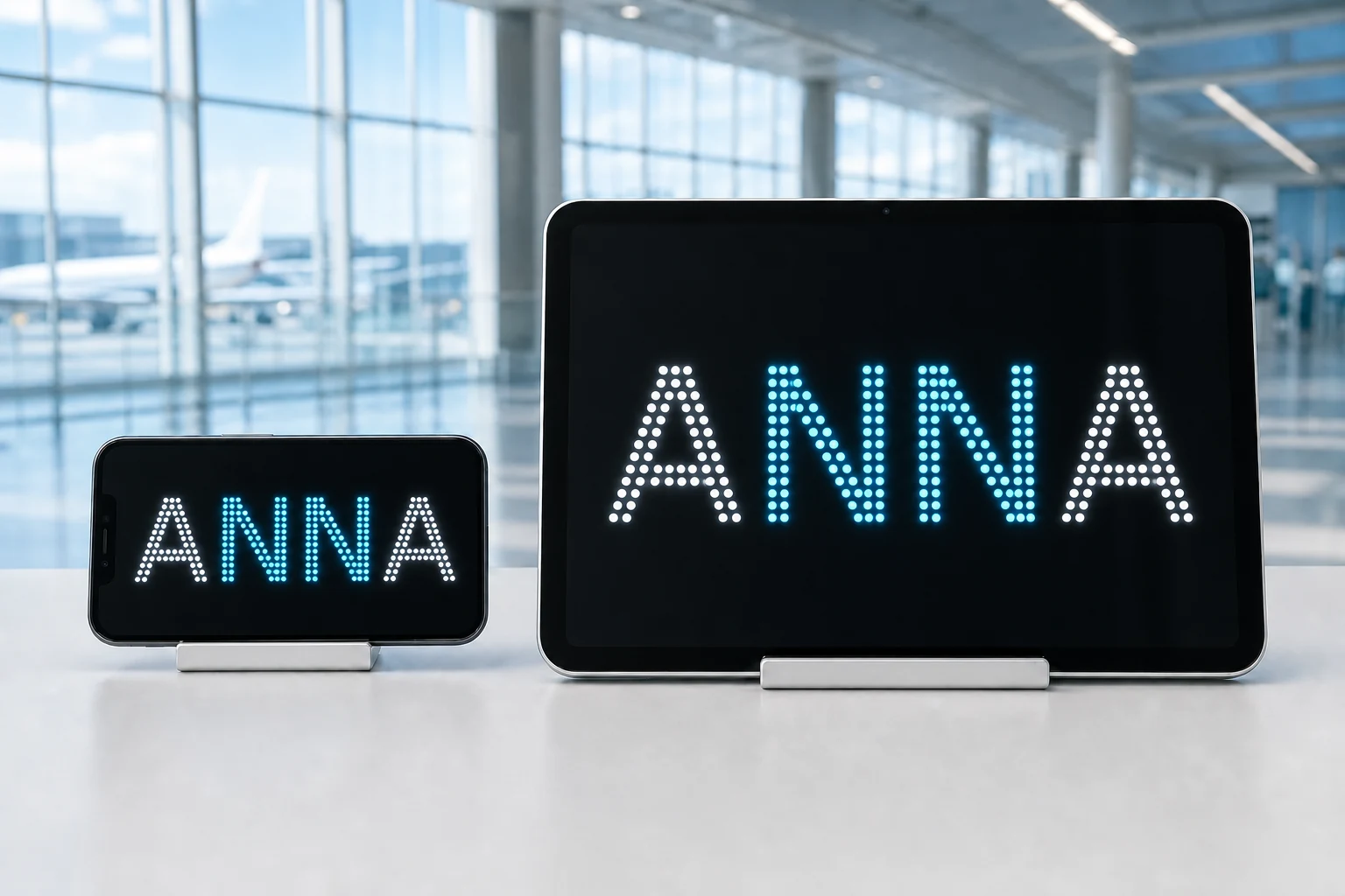 iPhone and iPad side by side showing the same ANNA airport pickup sign
